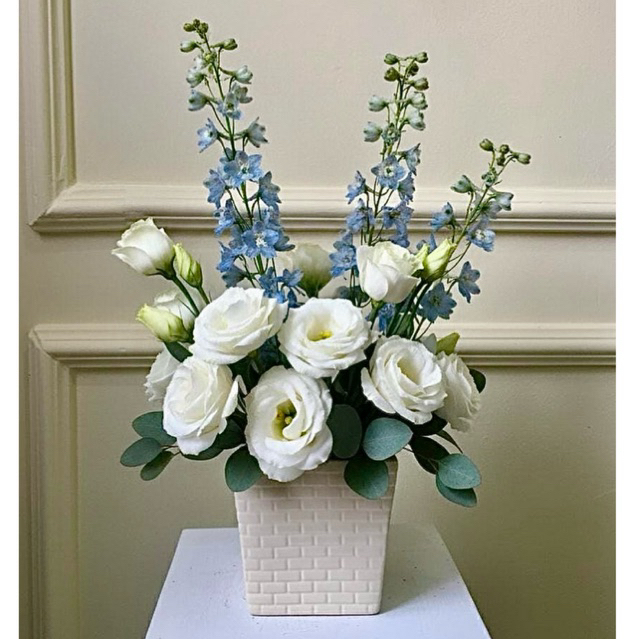 Vas Bunga Keramik Kotak Putih 12x10x12cm – Pot Hias Minimalis Motif Bata Dekorasi Rumah Estetik