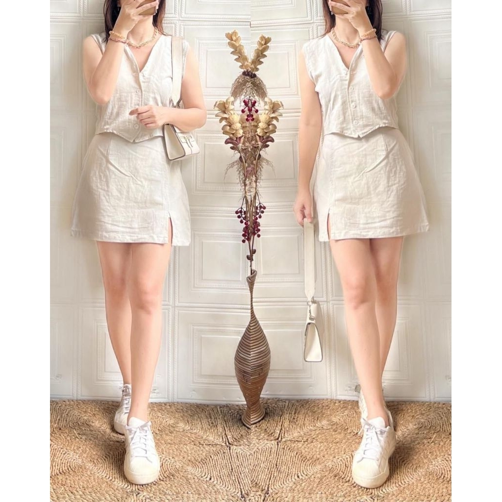 One Set Meika/ Setelan Wanita Vest Linen dan Rok Celana