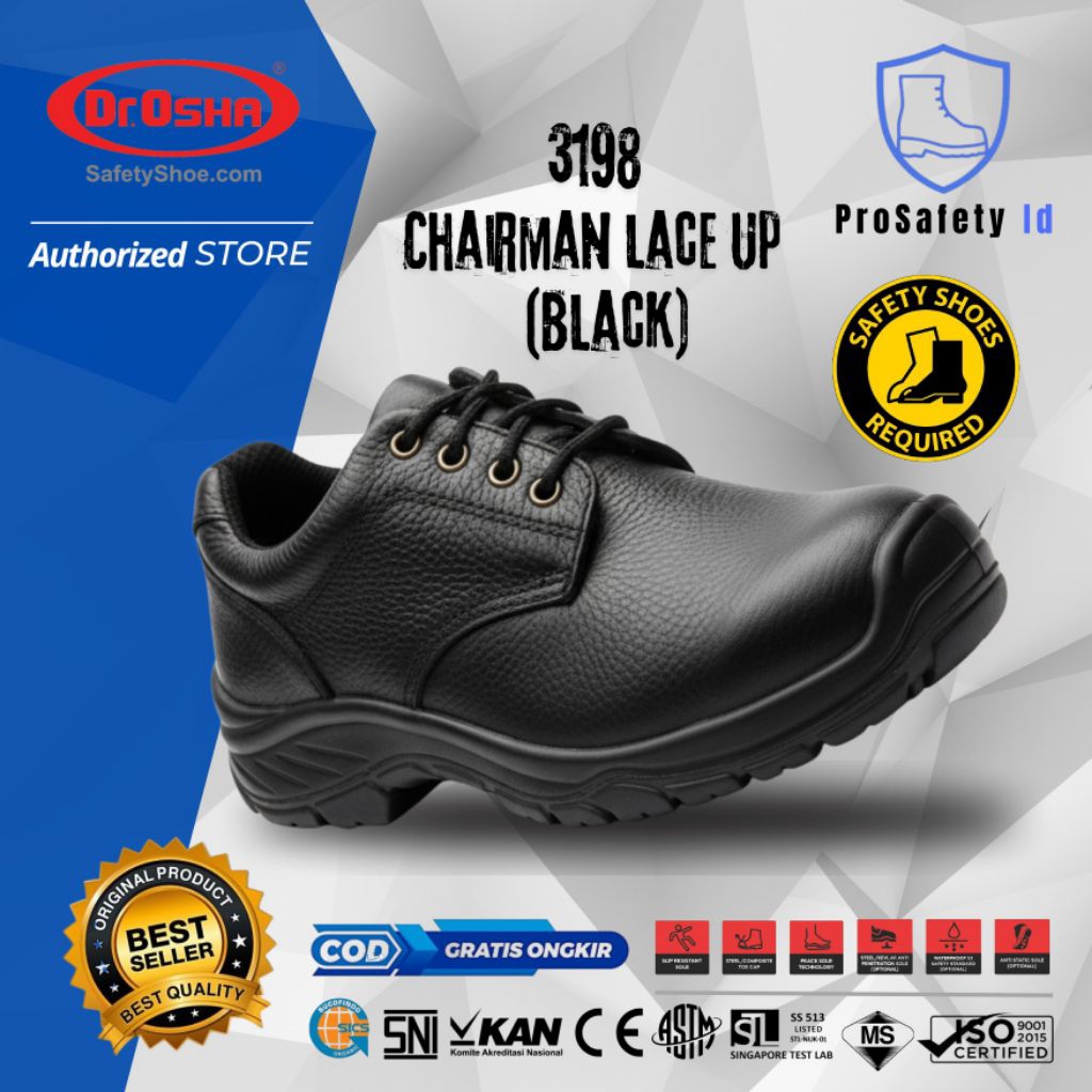 Sepatu Safety Dr OSHA Chairman 3198 Safety Shoes Anti Slip SNI CE Sepatu Kerja Pria - Black