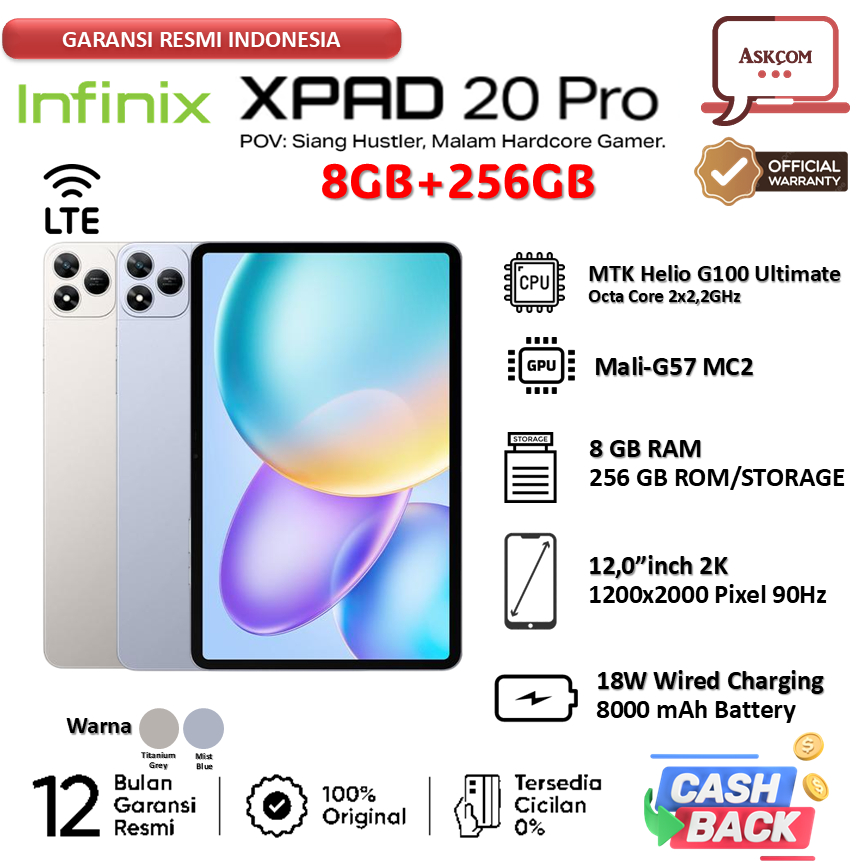 INFINIX XPAD 20 PRO 8GB+256GB 12" 2K 90Hz 8000mAh FREE CASE GARANSI RESMI