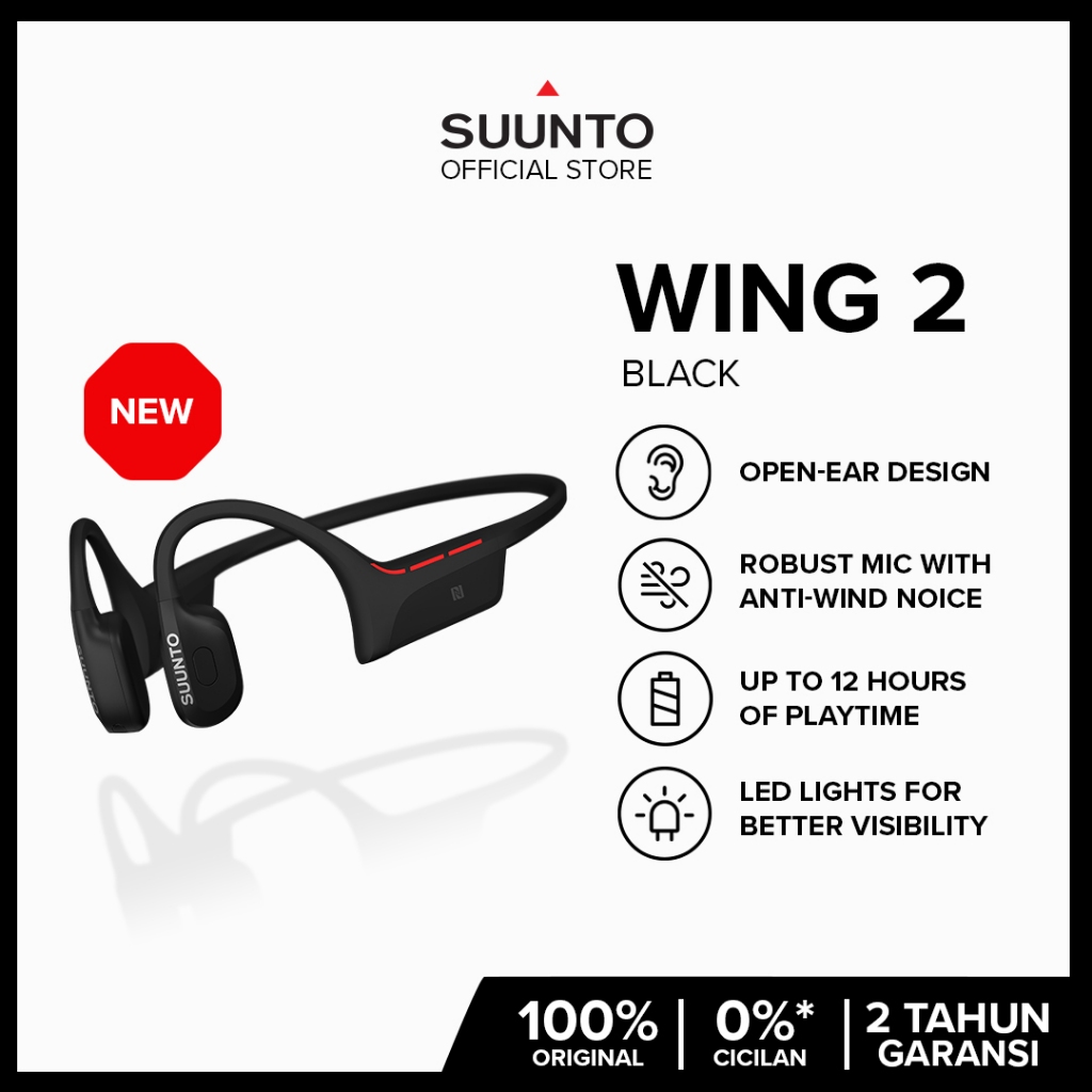 Suunto Wing 2 Black  - Open-Ear Bone-Conduction Headphone | IP66 Waterproof | 12h Playtime + Powerba