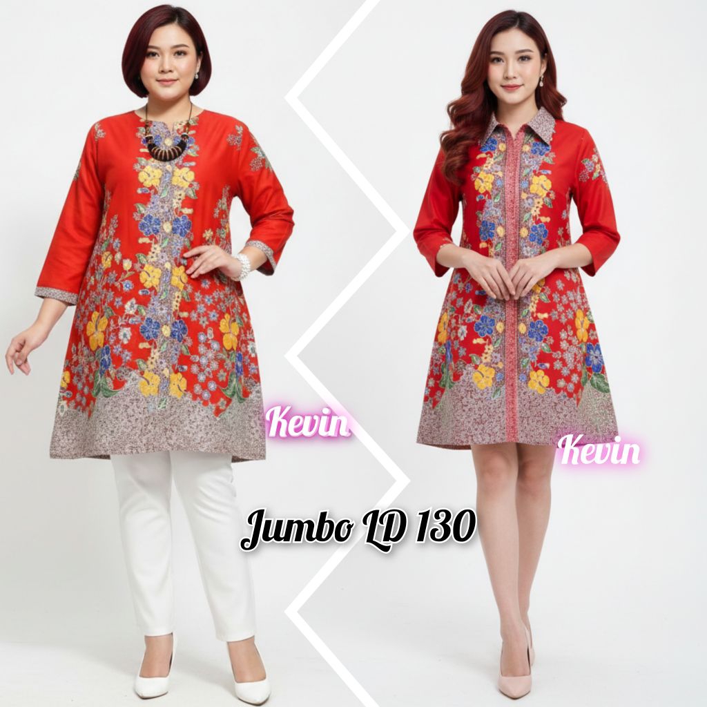 BATIK KEVIN _ Tunik Merah Atasan Batik Wanita Tunik Batik Wanita XS S M L XL XXL JUMBO