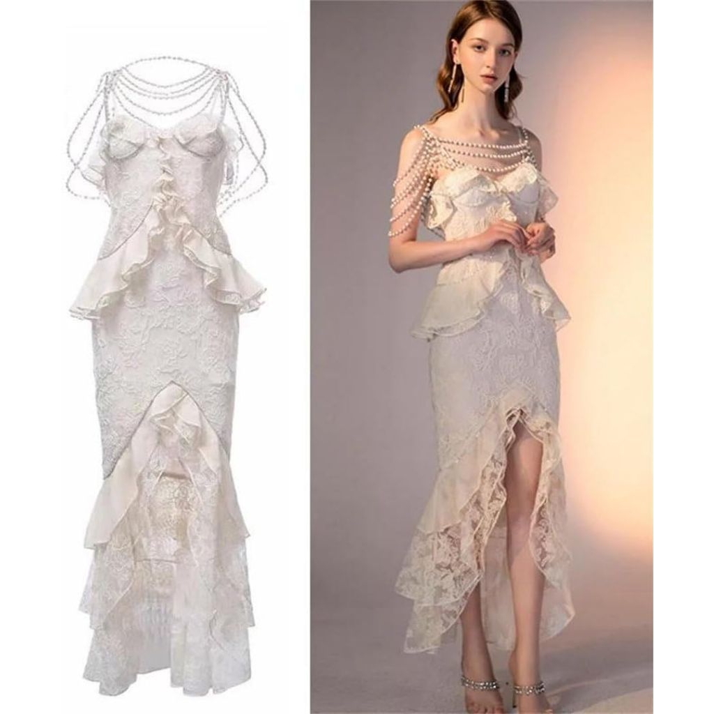 Dress overall OL duyung putih rumbai mewah cantik brukat promnight