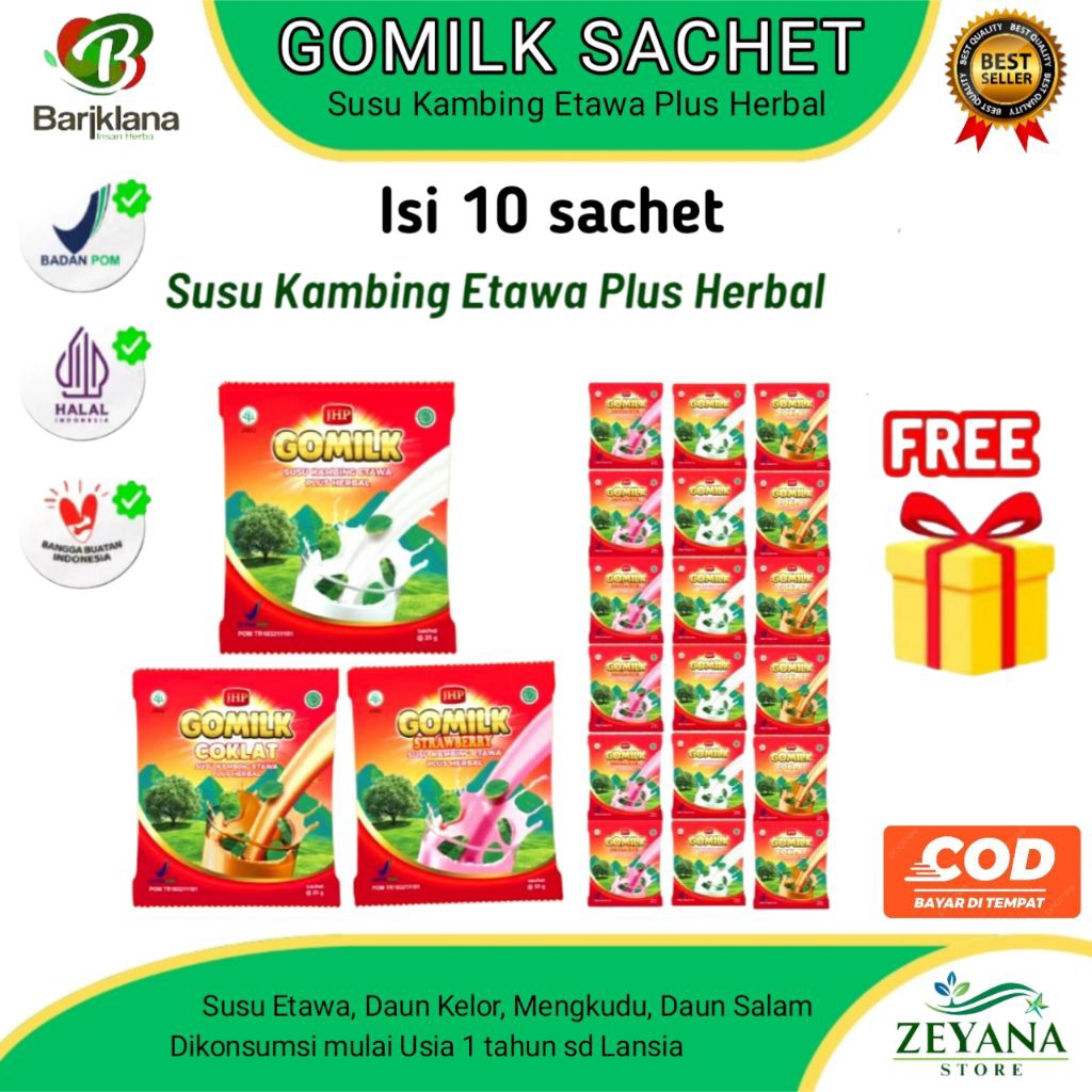 GOMILK Susu Etawa 10 Sachet Gomilk – Plus Herbal Kelor Mengkudu Daun Salam – Untuk Anak & Lansia