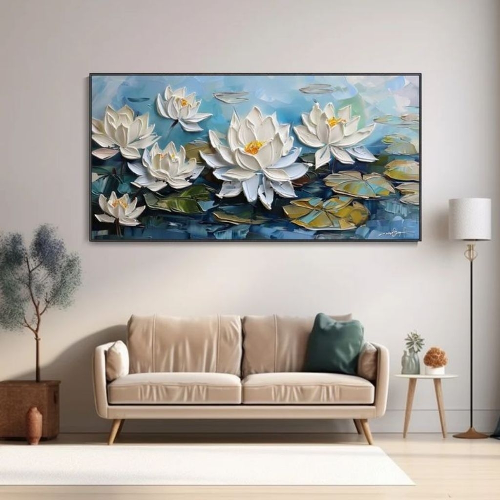 lukisan dinding bunga teratai tekstur timbul