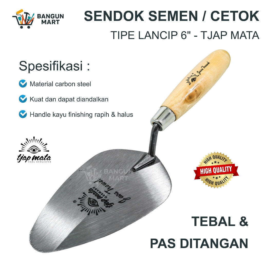 Tjap Mata Sendok Semen Lancip 6" Stainless Gagang Kayu Model ProfilSendok Semen Gagang Kayu Bulat La