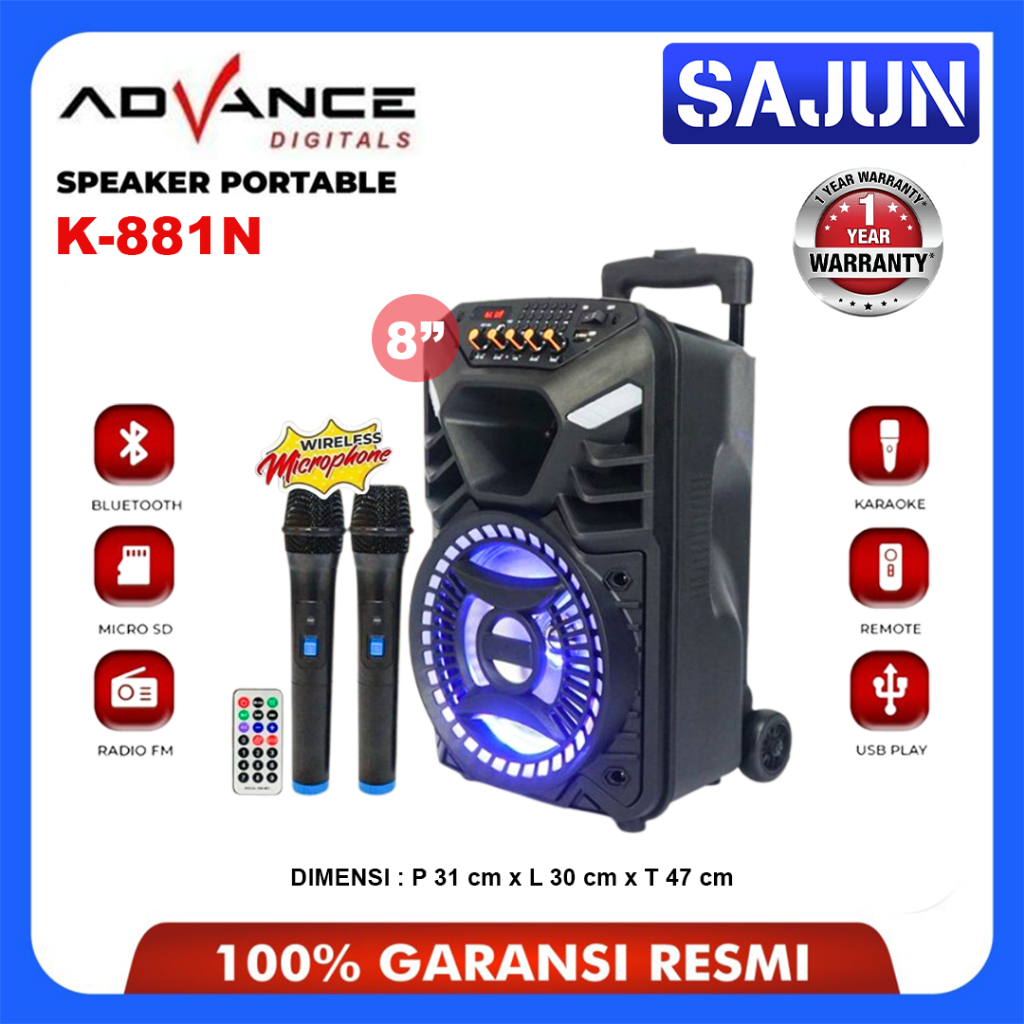 ADVANCE Speaker Bluetooth 8 inch Karaoke Portable K881N / K-881N Free 2 Mic Wireless