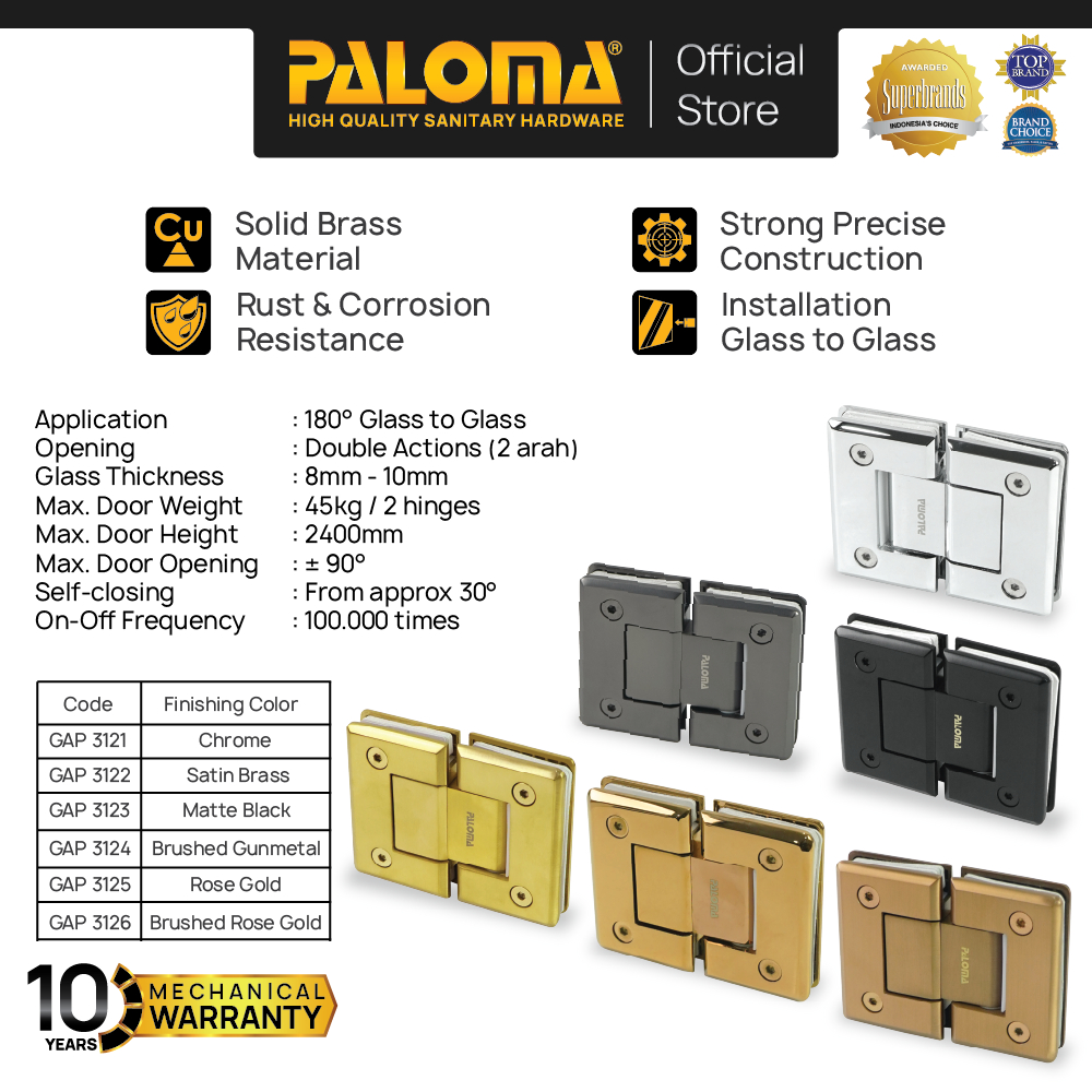 PALOMA Engsel Shower Hinge Pintu Kaca Kamar Mandi Jepit Penjepit Partisi Box Kaca ke Kaca Glass to G