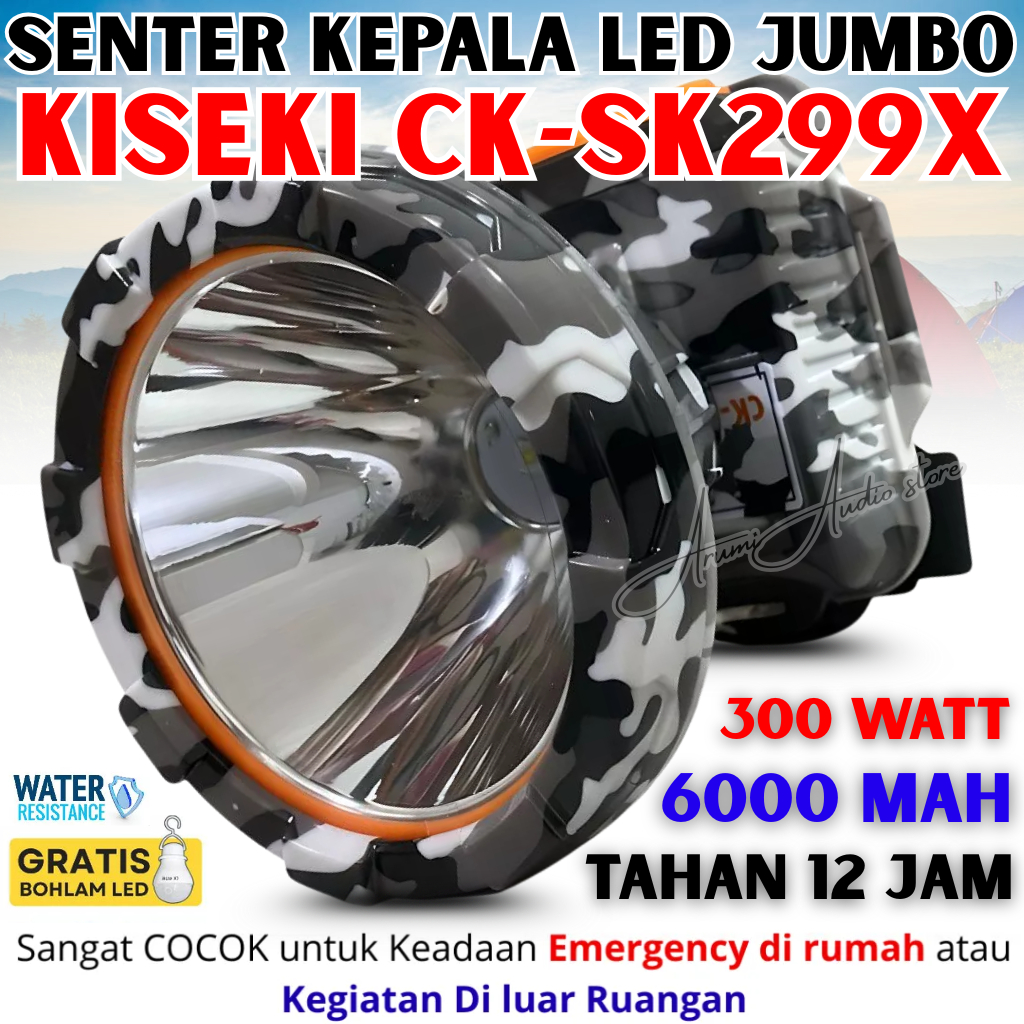 Senter Kepala Premium Kiseki 300w CK-SK299X 6.000mah | Senter Led Headlamp Super Bright Cahaya Putih
