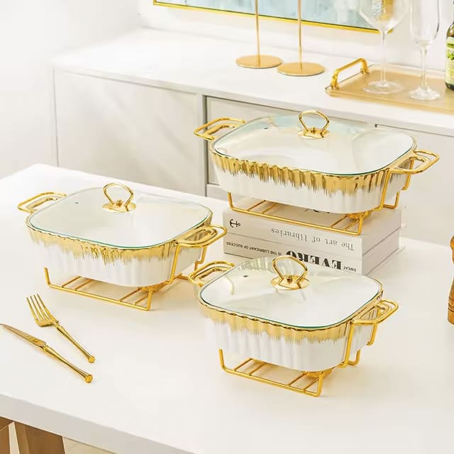 Tempat Prasmanan Keramik Tutup Kaca List Gold Dudukan Besi Wadah Saji Lauk Pauk / Wadah Saji Lauk Pa