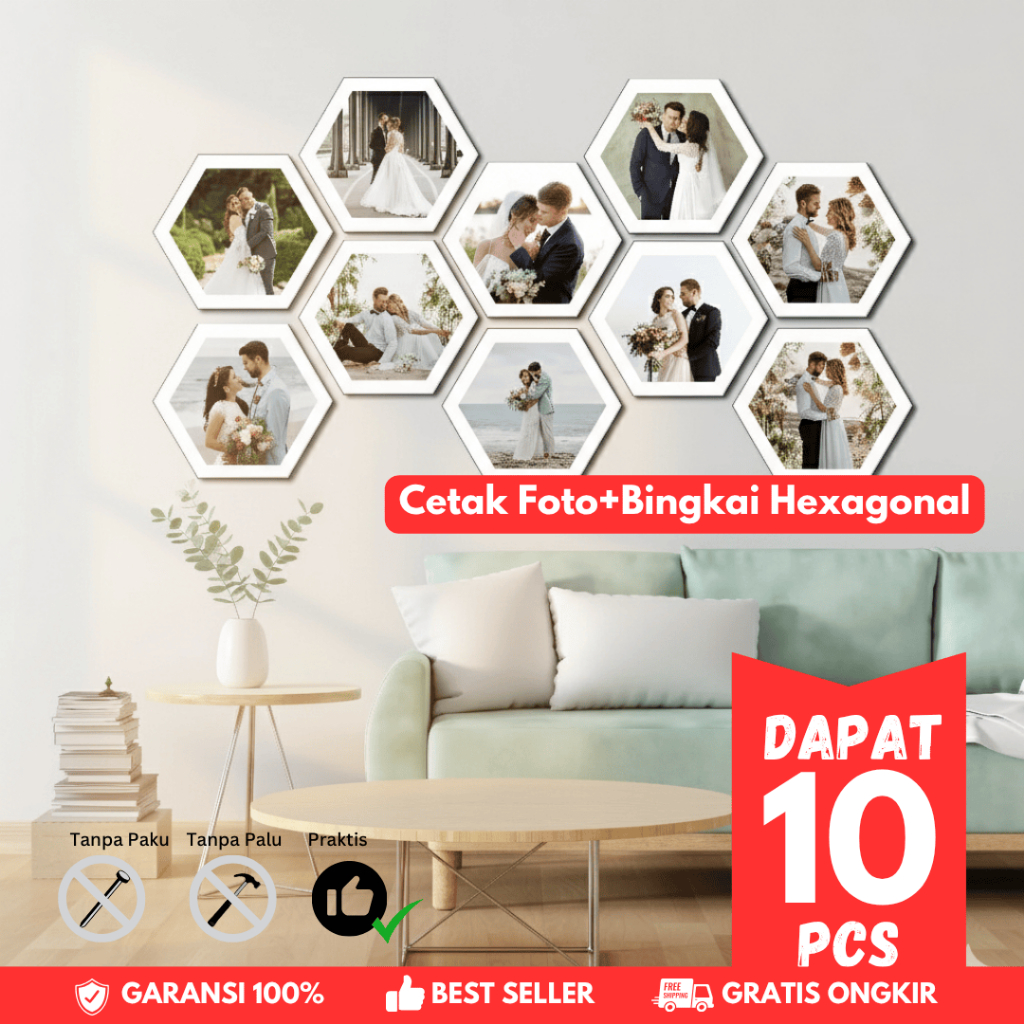 Paket Hemat Cetak Foto + Bingkai Hexa Segi Enam 6 Hexa gonal Pernikahan Wedding Keluarga Anak Besar 