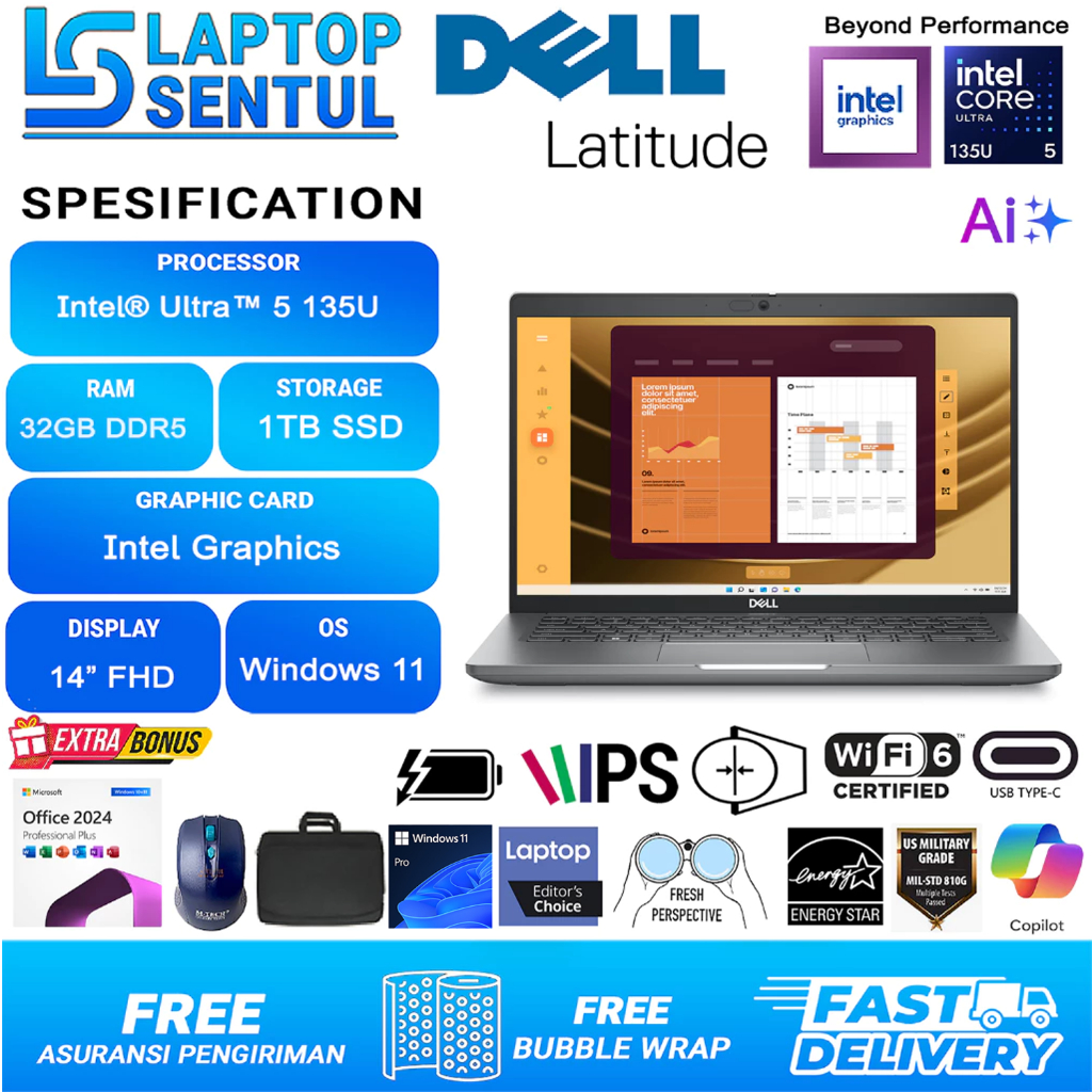 Dell Laptop Latitude 14 5450 Intel Ultra 5 135U FHD IPS Ram 32GB DDR5 1TB SSD Windows 11 Pro Grey