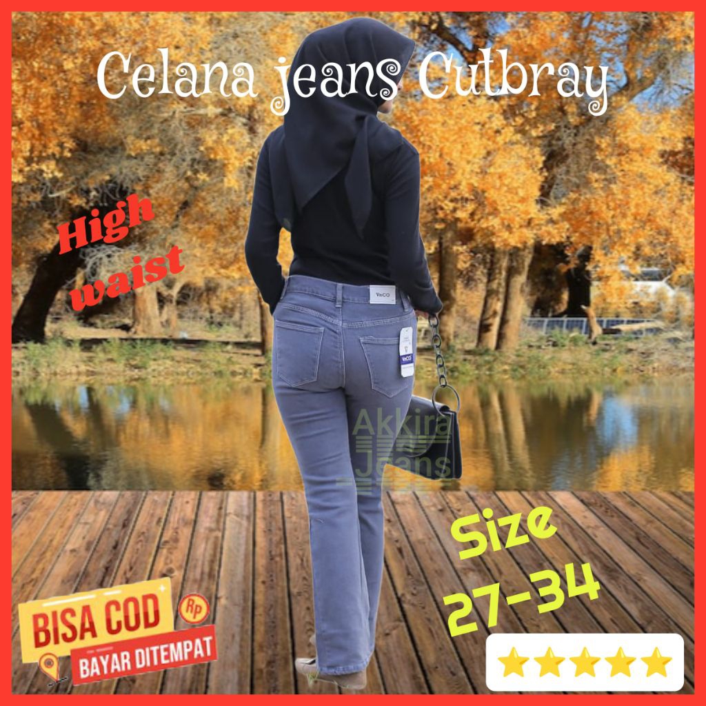 CELANA JEANS CUTBRAY HIGHWAIST WANITA - CELANA PANJANG JEANS WANITA celana cutbray abu-abu