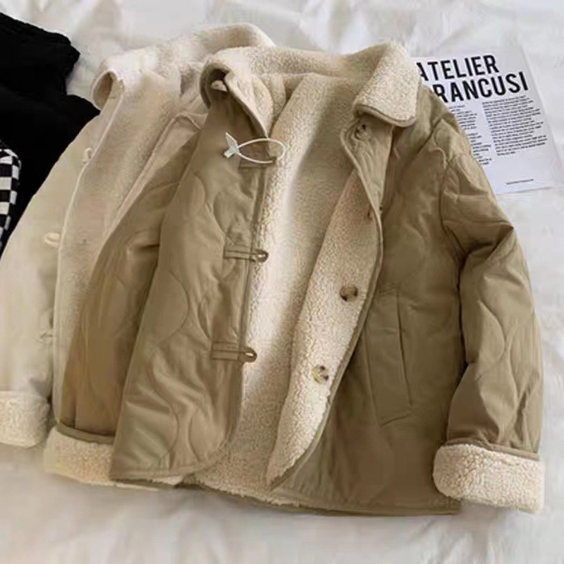 25-101112 Jaket Wanita. Women's Fleece Wool Buckle Casual Warm Coat