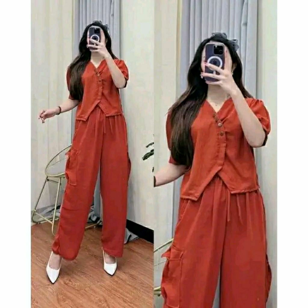 One Set Crop Top Polos Wanita Trendy Crincle Airflow