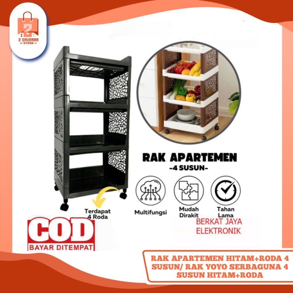 Rak Apartemen Hitam+Roda 4 Susun/ Rak Yoyo Serbaguna 4 Susun Hitam+Roda