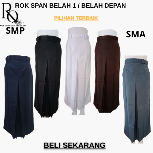 Rok Sekolah SPAN BELAH SATU/REMPEL SATU Panjang Non Karet Abu-abu, Biru, Cokelat, Hitam, Putih  coco