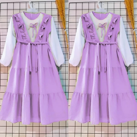 Gamis Anak Lavender Pita Dress Lengan Panjang Pakaian Muslim Anak Perempuan Crinkle Airflow