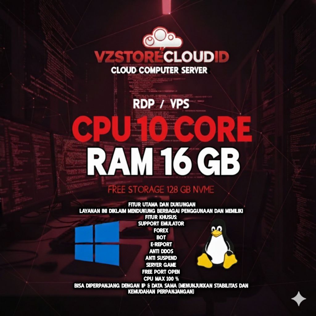 RDP/VPS PREMIUM 1 BULAN | RAM 16 GB | CPU 10 CORE (anti ddos/anti suspend)