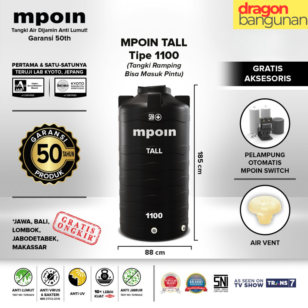 Tangki Air Mpoin Tall 1100 Hitam - Toren Air Mpoin Tall 1100 Liter
