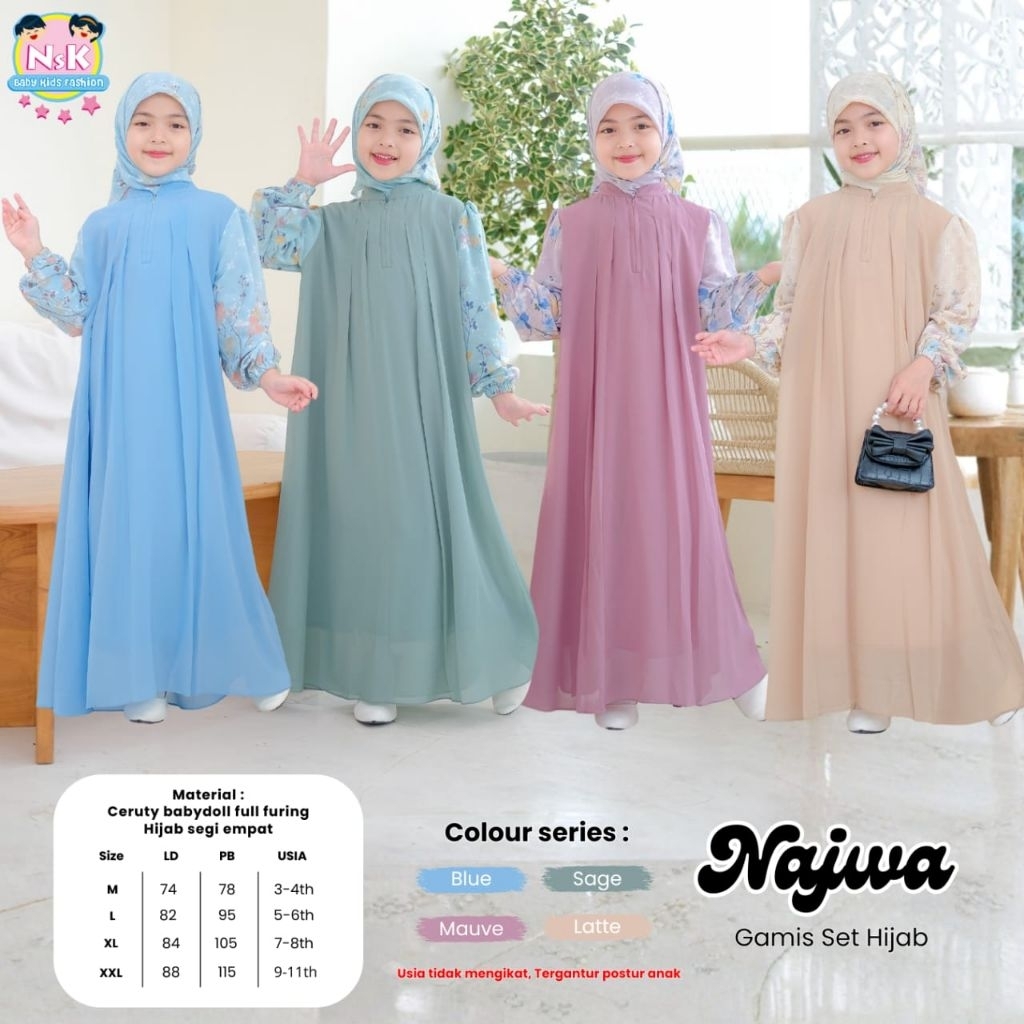 najwa gamis set jilbab anak usia 3 4 5 11th Nsk -  marwah 17 syari kids. marwah syari kids 17