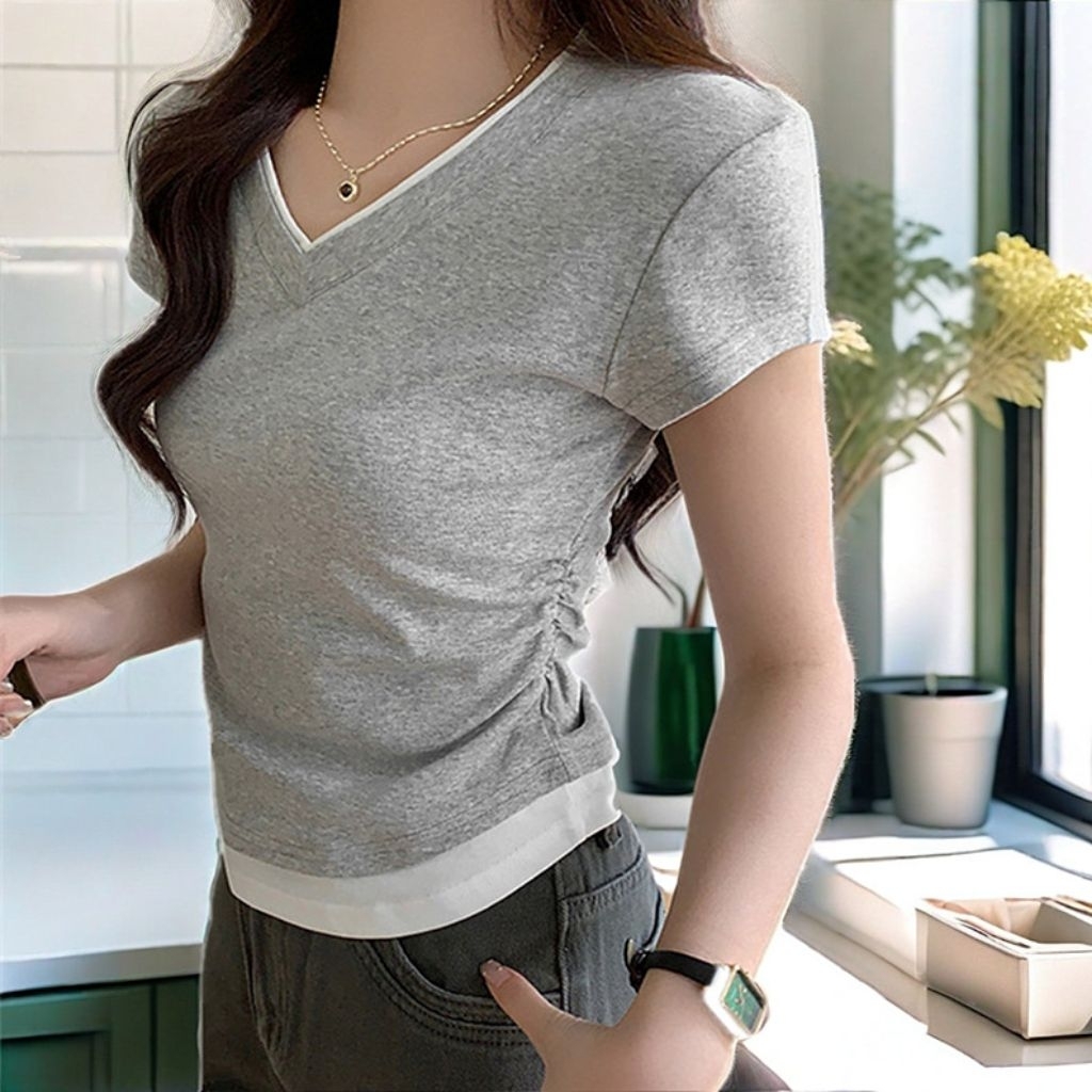 Two tone vneck crop tee tshirt CD126