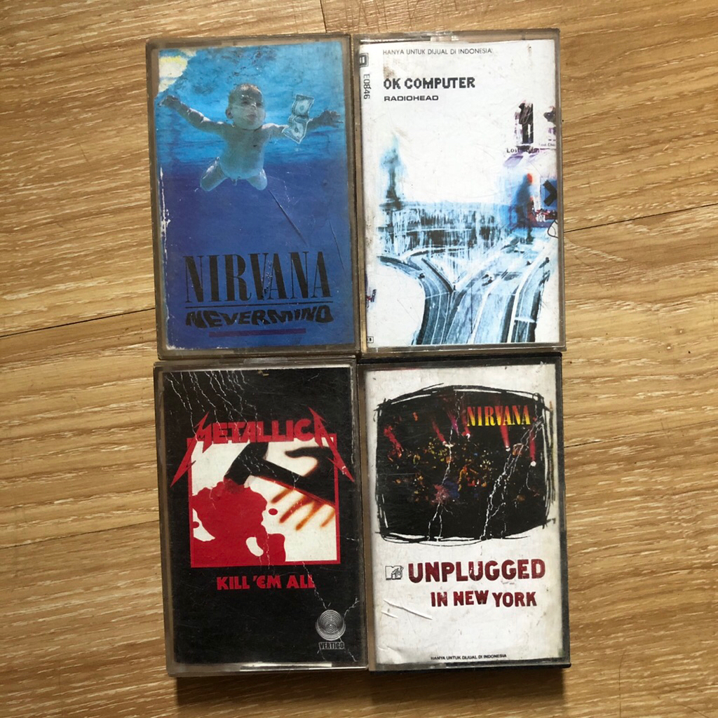 Paket 4 kaset (radiohead ok computer, nirvana nevermind mtv unplugged, metallica kill em all)