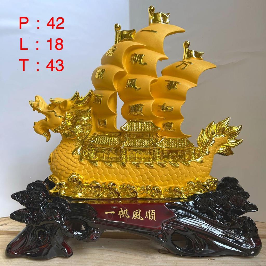 Pajangan perahu kapal naga fiber emas 43 cm golden dragon boat