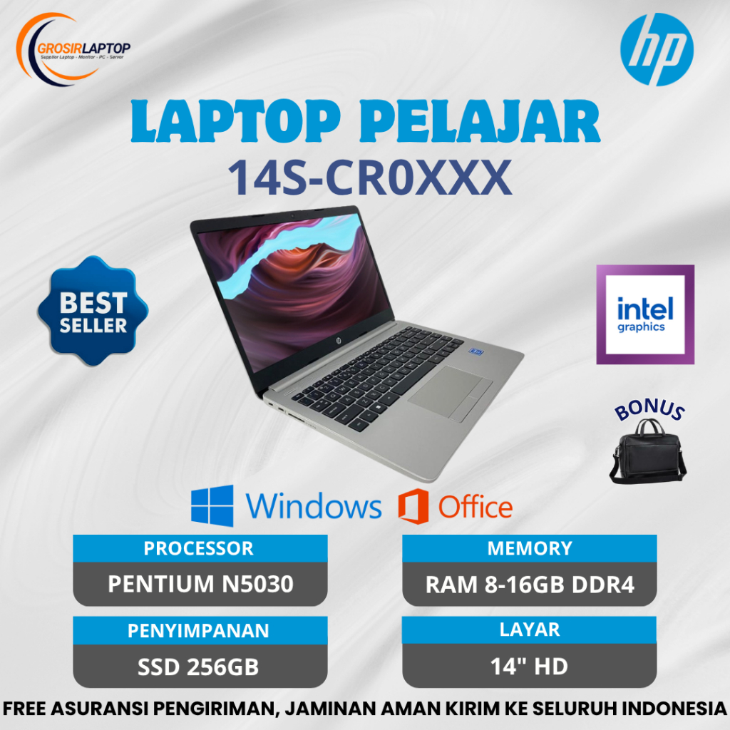 PROMO Laptop HP 14S - CR Intel Pentium N5030 Ram 16GB Ssd 256GB 14" -  Laptop pelajar 3 Jutaan