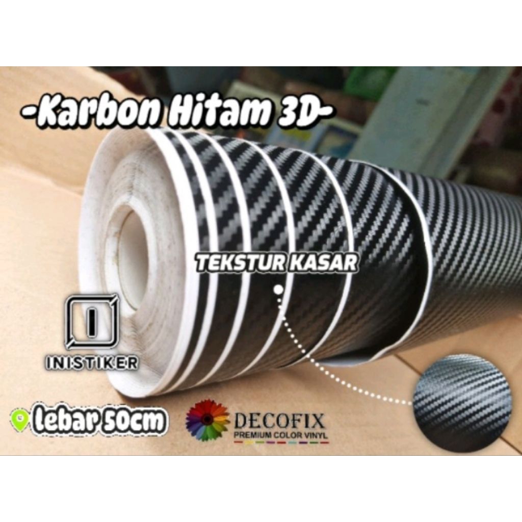 1meter & ½meter Stiker skotlet motor KARBON HITAM KEVLAR 3D tekstur kasar merk proficx/decofix lebar