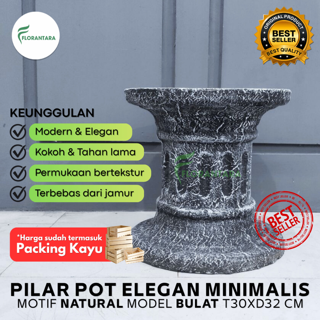 Pilar Pot Bunga Bonsai Pot Teraso Bulat Klasik Natural Tinggi 30cm Pilar Beton Teras Rumah Dekorasi
