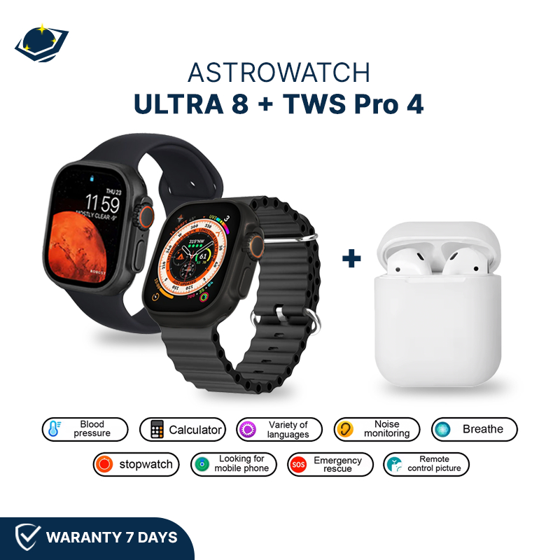 (FREE TWS) ASTROWATCH Ultra 8 Smartwatch Wanita Pria Bluetooth Headset Full Touch Screen 2.0Inch