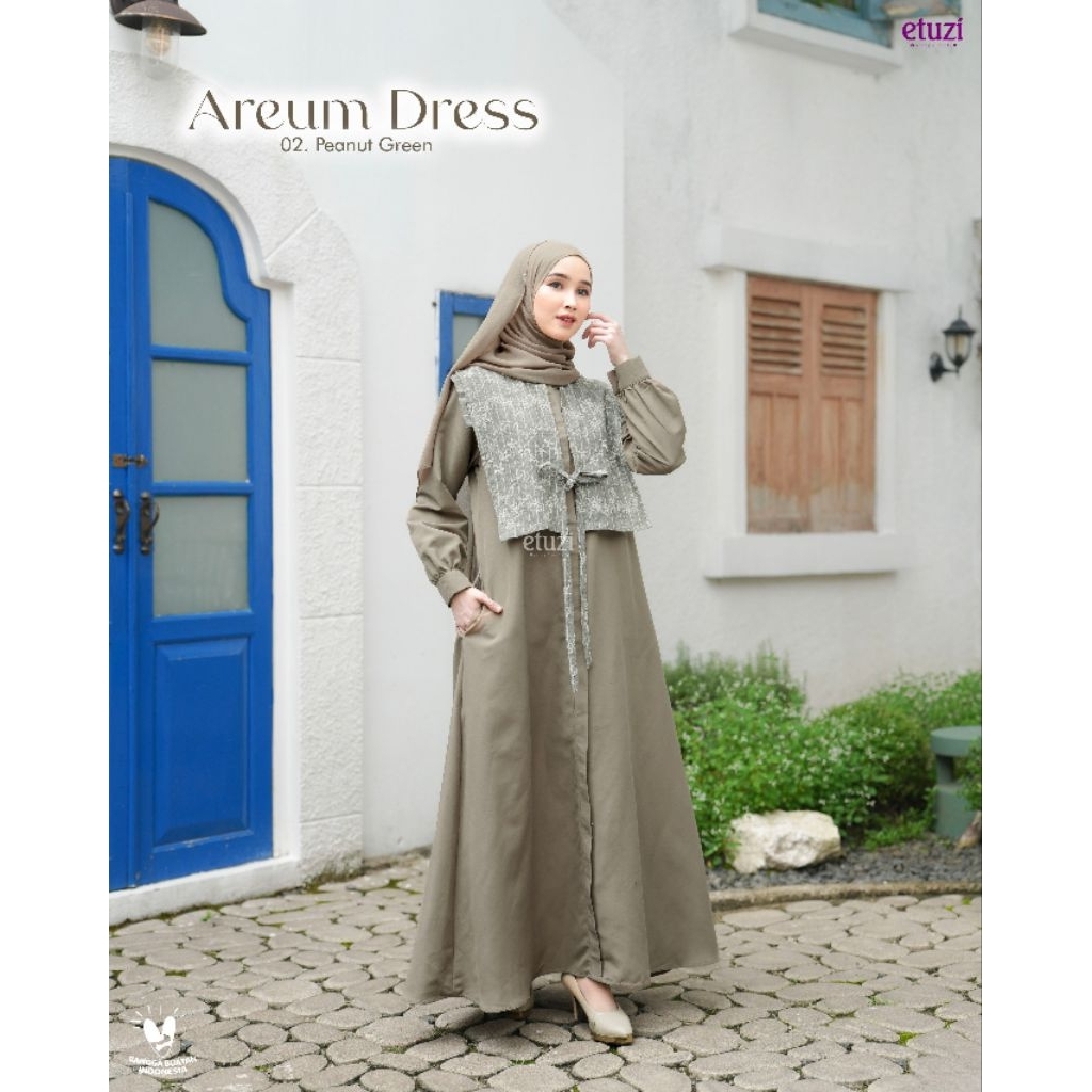 Aerum Dress by Etuzi Gamis Variasi Outer Katun Poplin Silky Polos Kombinasi Linen Salur Bordir Gamis