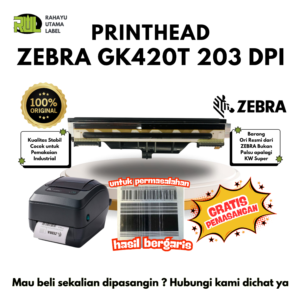PRINTHEAD ZEBRA GK420T 203DPI ORIGINAL - HEAD PRINT ZEBRA GK420 GRATIS PEMASANGAN