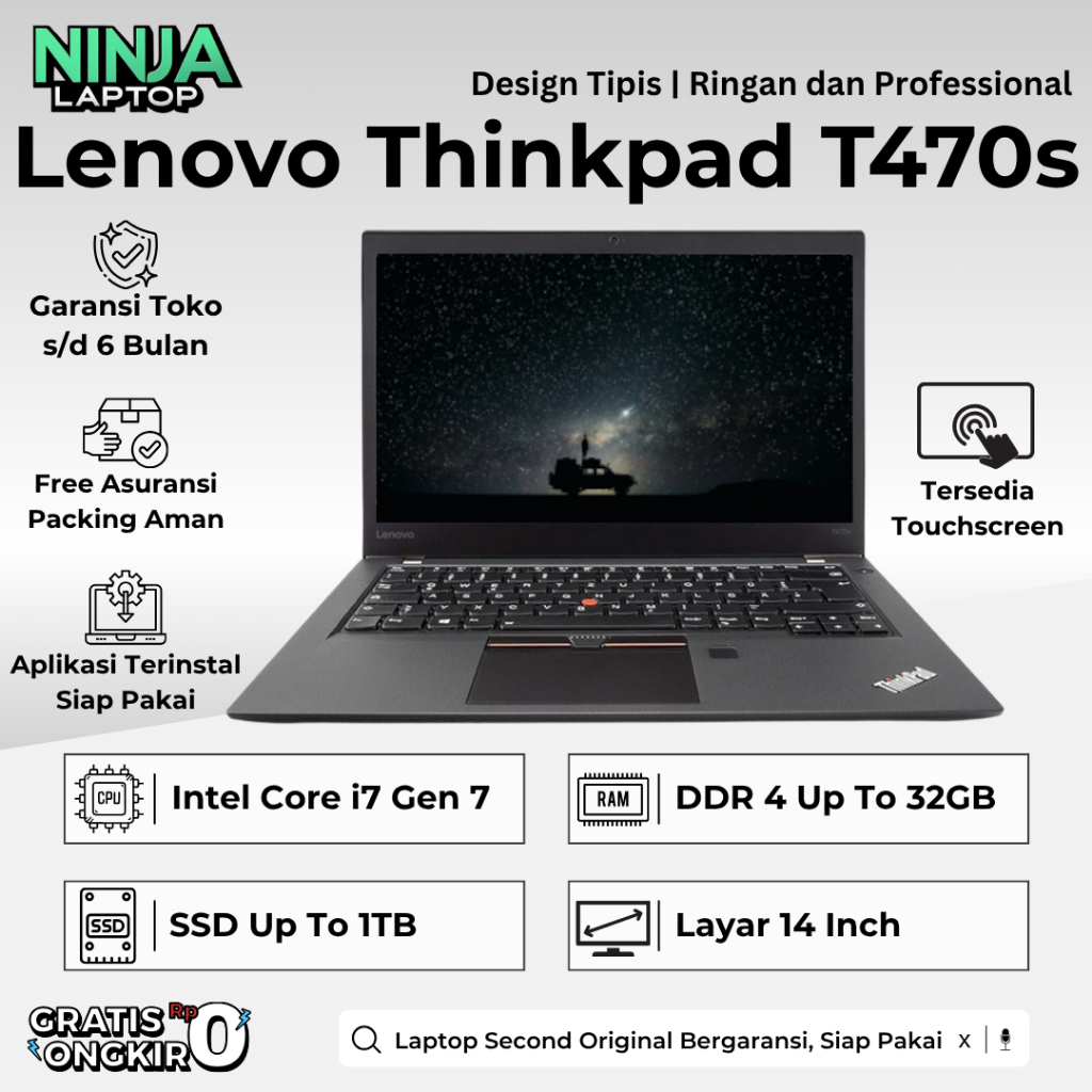 Lenovo Thinkpad T470s T470 Core i7 Gen 7 16GB 512GB Laptop Bekas Bergaransi Original Touchscreen