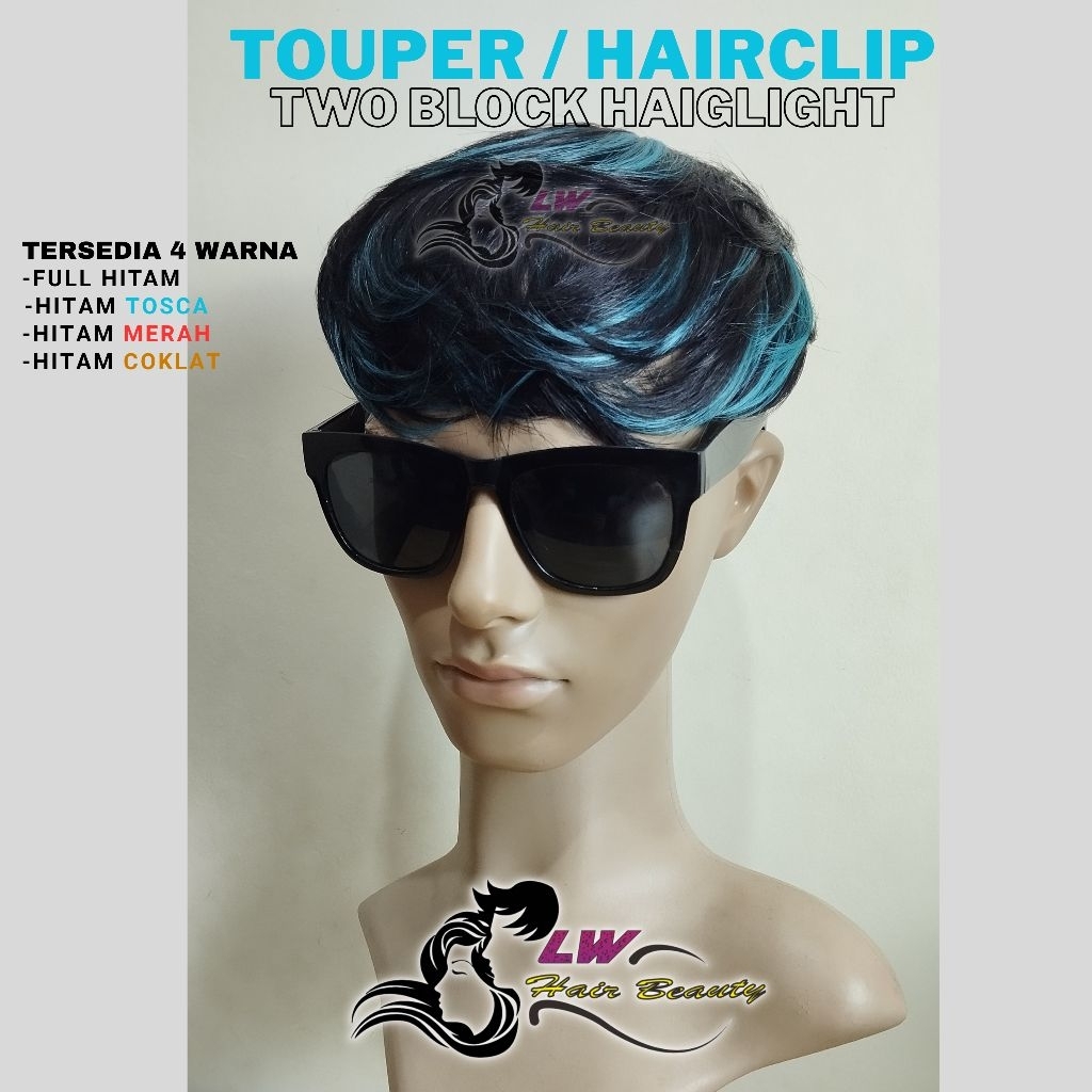 Toupee Pria Two Block Highlight Biru KPOP Style Hairclip Wig Cowok Rambut Pendek Instan