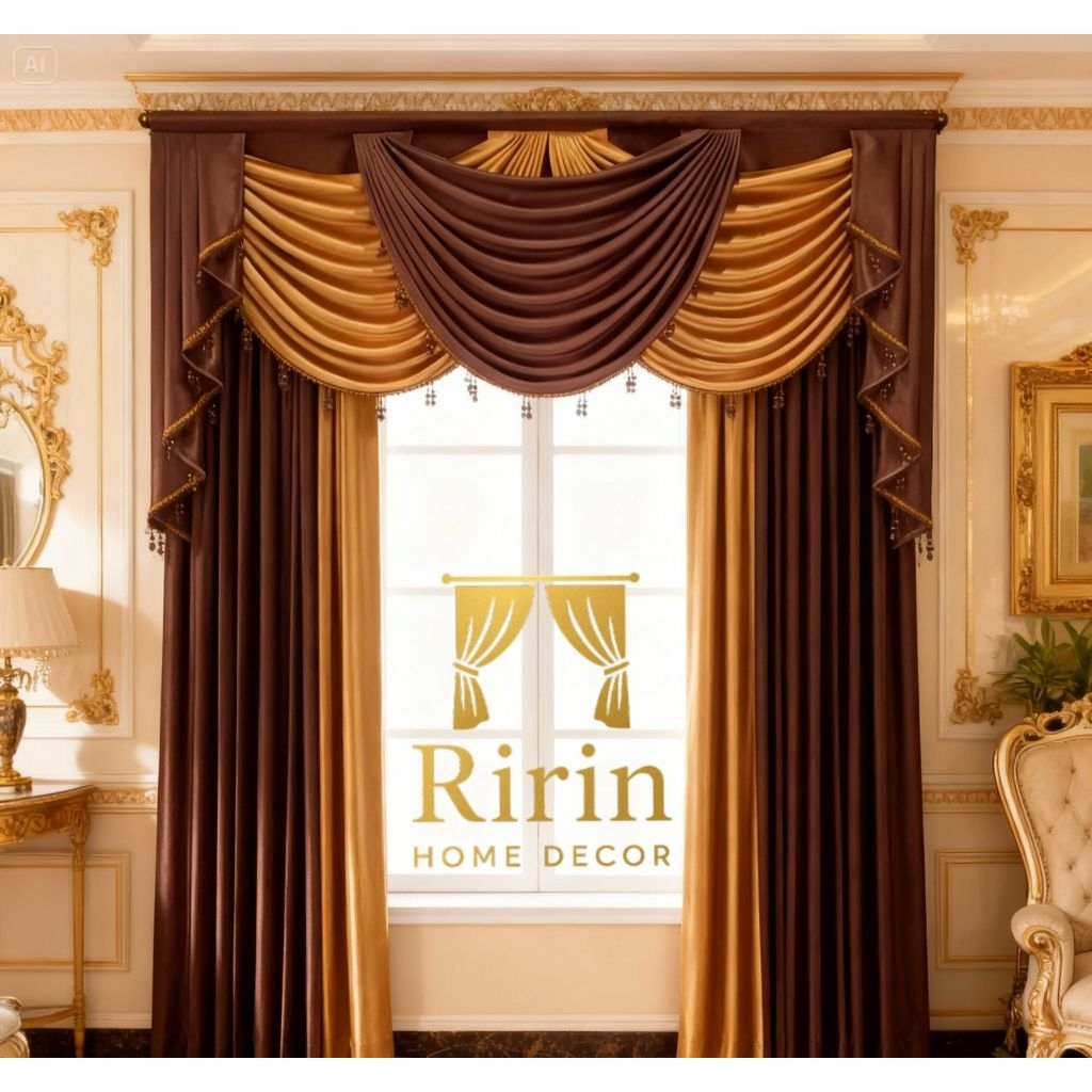Gorden Poni Gelombang Mewah Blackout Import 1 Set – Coklat Gold Elegan Rumah & Kantor