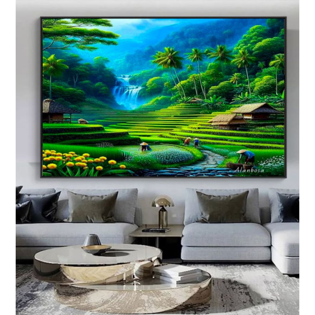 Lukisan Pemandangan Alam Sejuk Hiasan Dinding Modern Minimalis Ukuran Besar