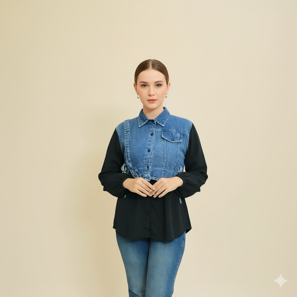 JOLLY kemeja kombinasi EYES INDONESIA-kemeja wanita jeans kombinasi rayon twill-kemeja jeans kombina