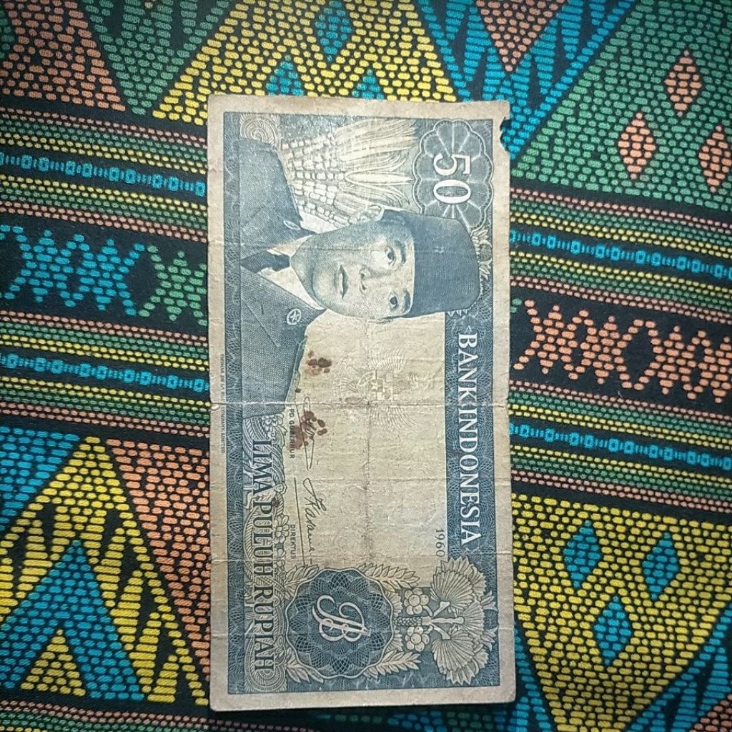 uang kertas 50 rupiah sukarno tahun 1960 bekas asli