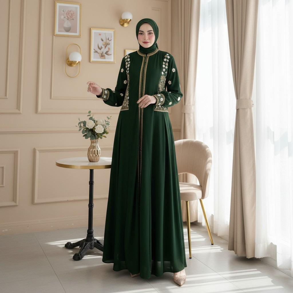 Natasya_mode Gamis Set Hijab Bordir Aluna Dress Kombinasi Payet Gamis Kondangan Wanita Elegan