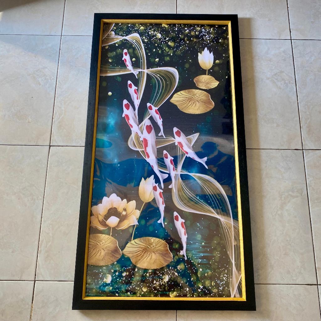 hiasan dinding lukisan cetak plus bingkai ukuran 100x50cm gambar 9 ikan koi keberuntungan
