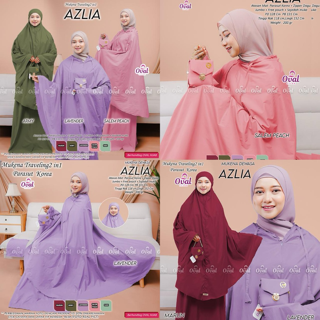 Azlia Mukena Dewasa Original Oval Hijab Mukena Traveling 2in1 Parasut Korea Free Tas Sesuai Foto