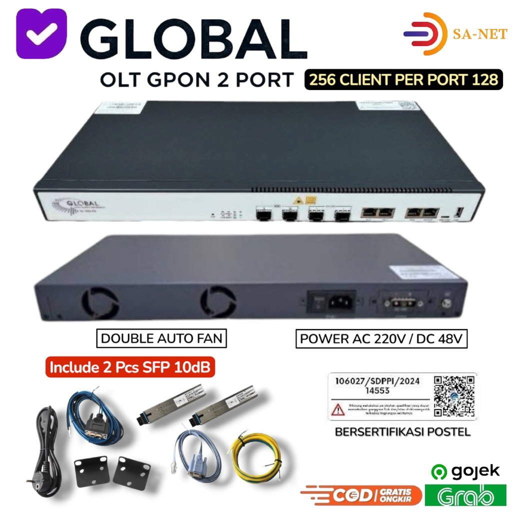 OLT GPON 2 PORT [ GLOBAL ] SFP 10dB 256 CLIENT (128 CLIENT PER PORT), UPLINK 10GE, POWER AC / DC 48 
