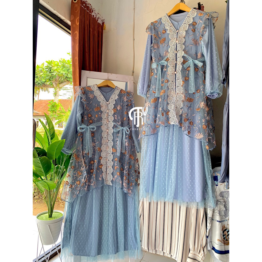 Thoryy.id || Dress Baby Blue | Outer Brukat Mix Dress Tile Dot Bisa Lepas Pasang | Baju Lebaran / Ko
