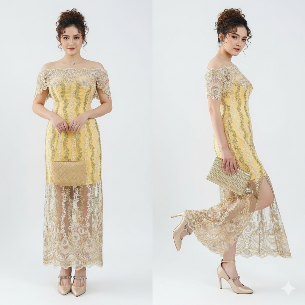 Gold Yellow Sabrina Party Dress [Vyloved Preloved] Custom Made | Gaun Pesta | Off shoulder | Dress w