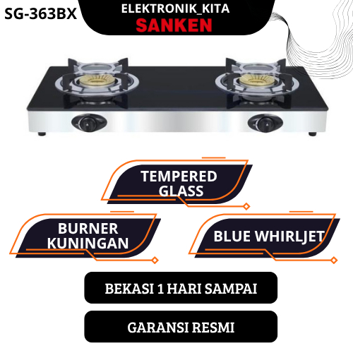 SANKEN KOMPOR GAS 2 TUNGKU SG-363 BX SG363BX SG 363 TEMPERED GLASS KUNINGAN GARANSI RESMI BEKASI