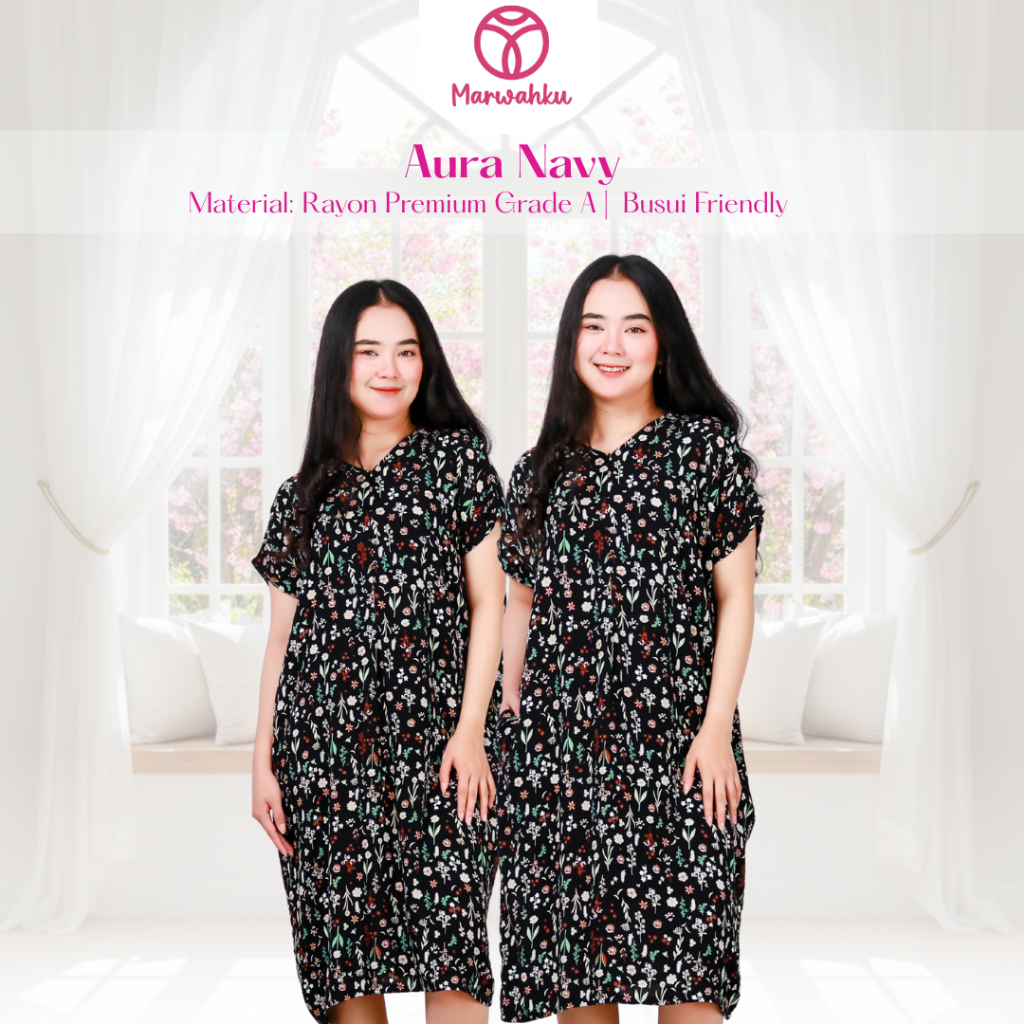 Daster Wanita Aura Navy Home Dress Daily Wear Busui Friendly Rayon Premium