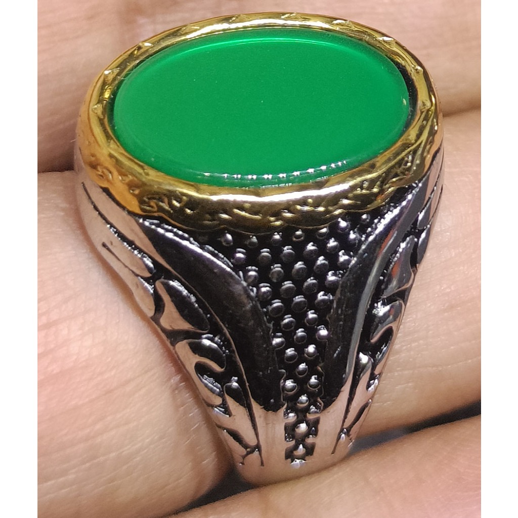 Cincin Original Stainless Steel 316L  Batu Oval Hijau List Kuning