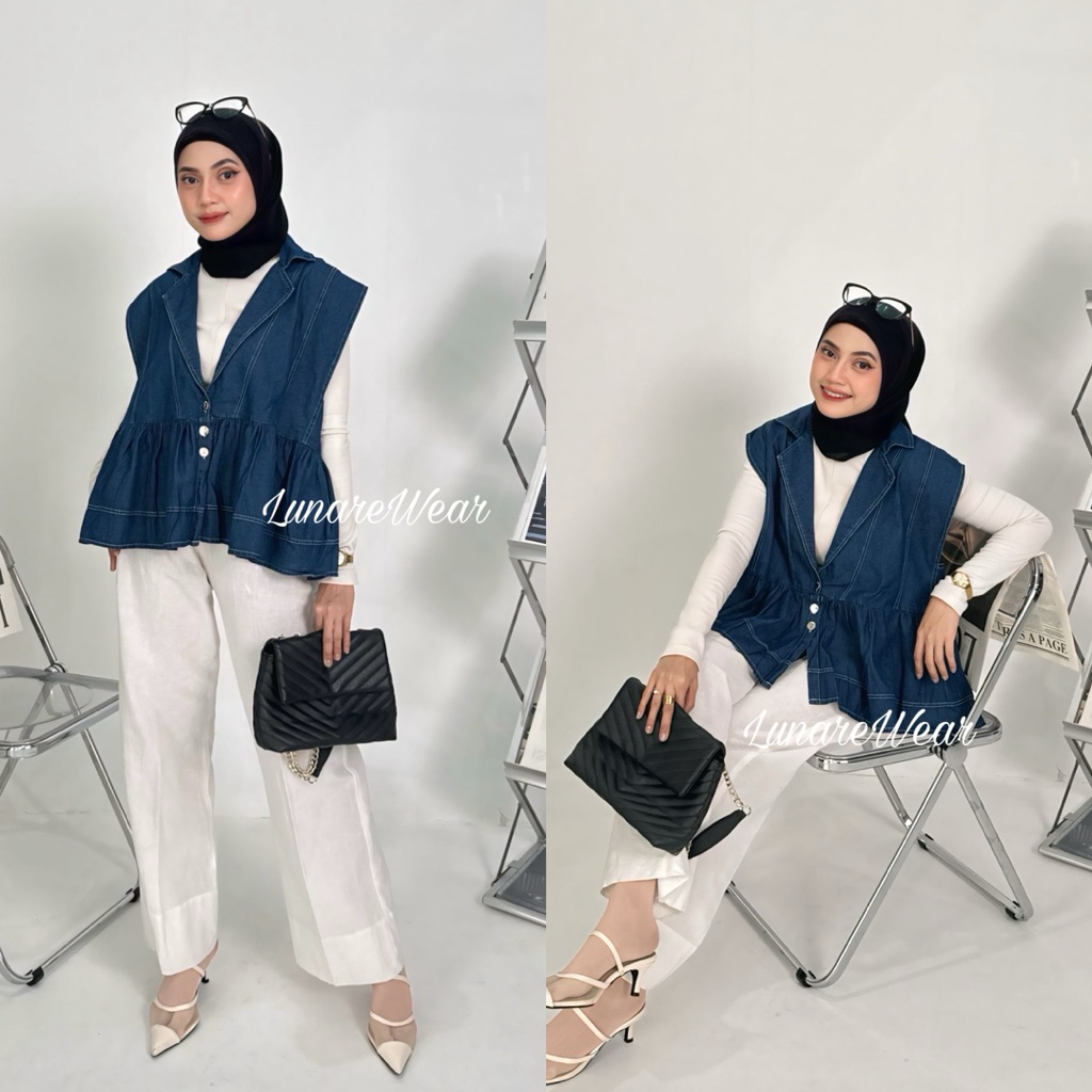 Lika Outer Jeans Wanita – Rompi Vest Denim Kekinian Tanpa Lengan Hijab Outfit Casual